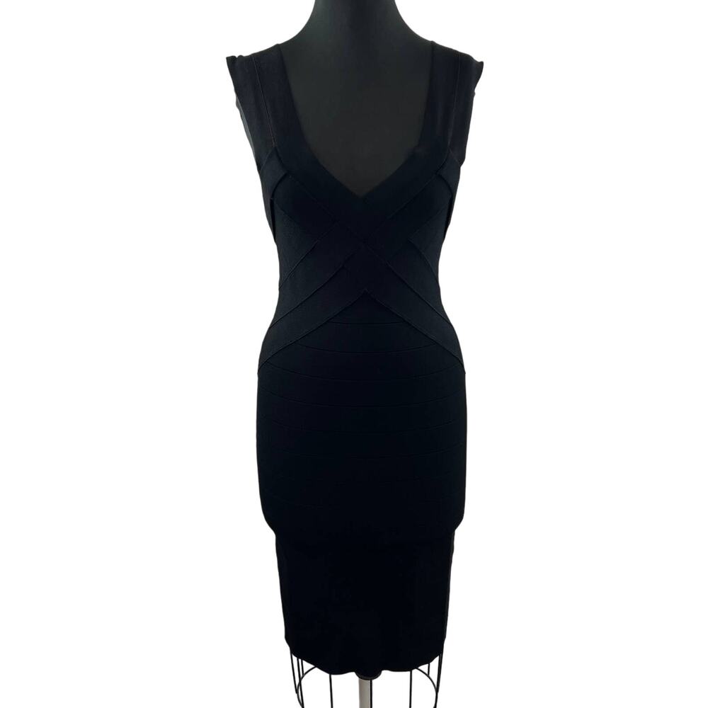 Karen Millen Black Sleeveless V-Neck Viscose Back Zip Belted Bodycon Dress M